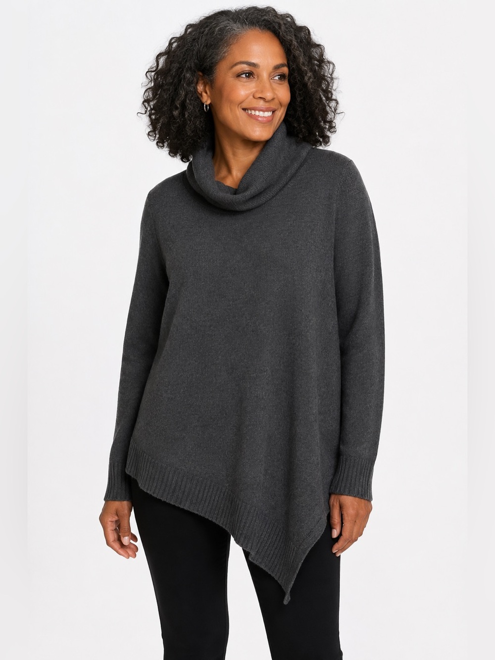 Eileen Fisher Woman 1X Gray Asymmetric Cowl Neck Long Sleeve Sweater Tunic